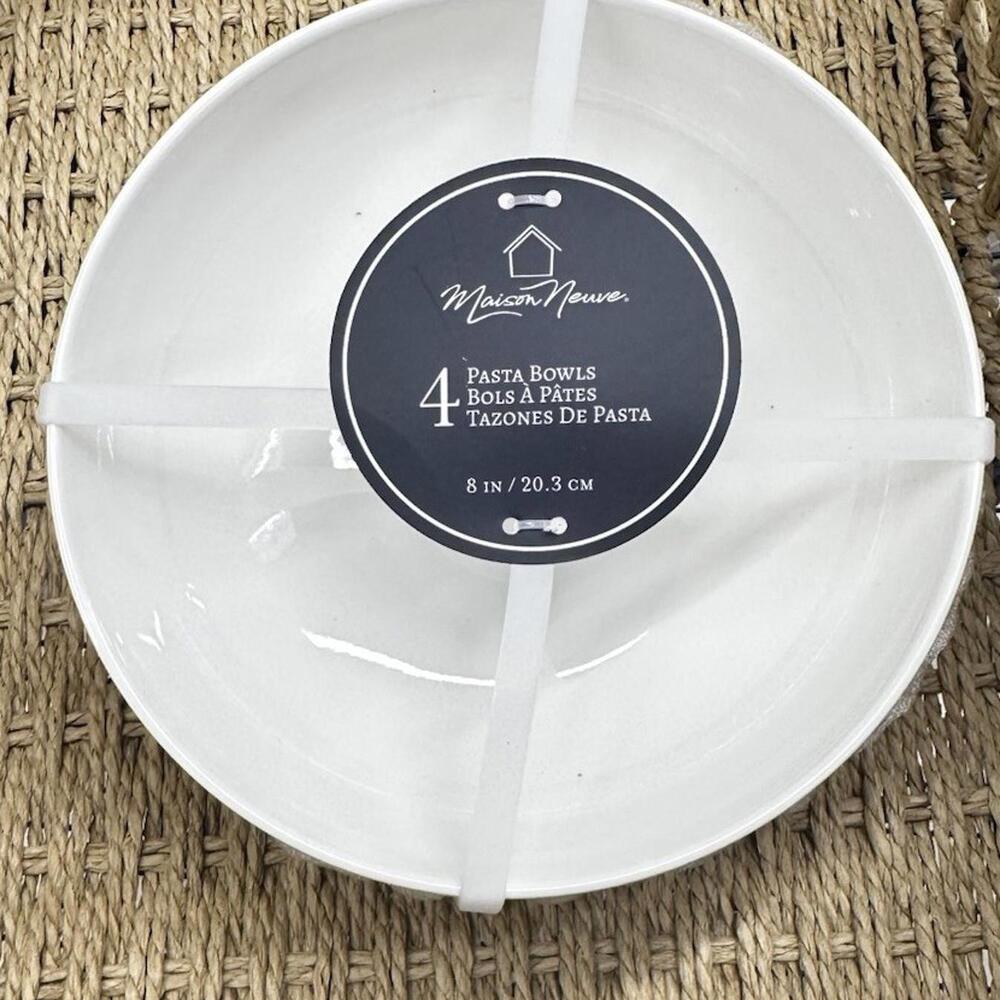 Maison Neuve 4-White PASTA Bowls- Beaded Rim Design. TAZONES DE PASTA 8”Blanca